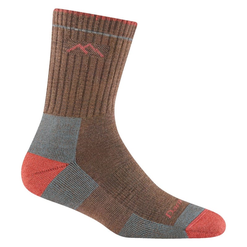Brown and red Darn Tough merino wool hiking sock designed for warmth and blister prevention on autumn and winter hikes.