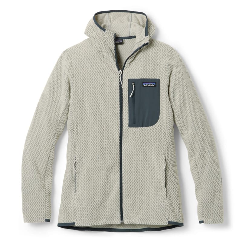 Light gray Patagonia fleece zip-up hoodie with hood and chest pocket, ideal for layering on autumn hikes and camping.