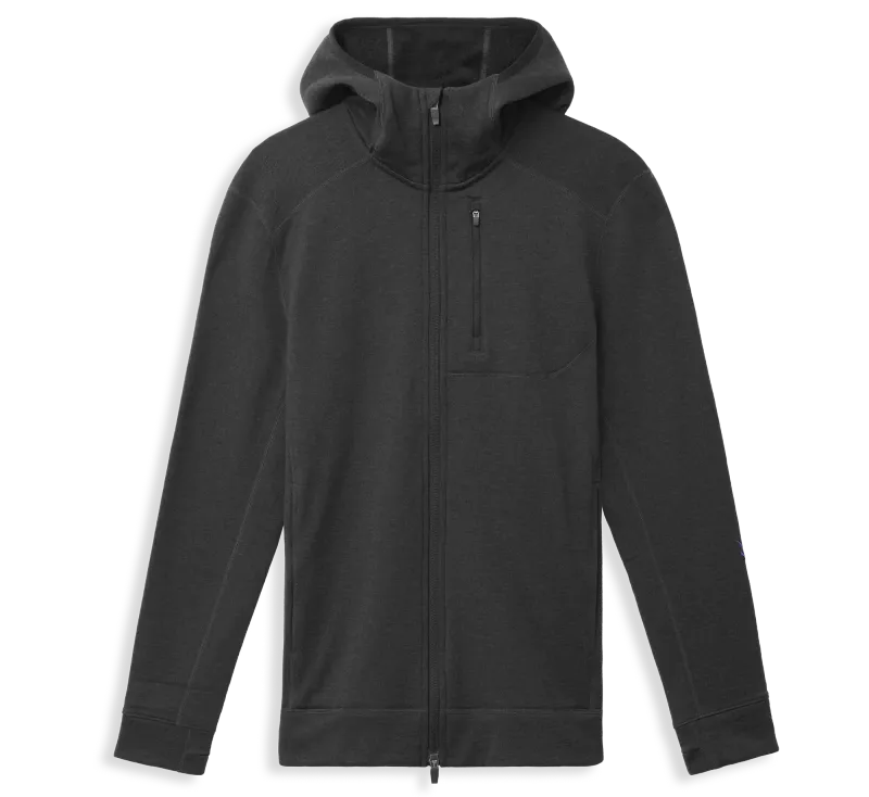 Product image of Ibex Mammoth Full-Zip Hoodie in black, full-zip front view with hood and chest pocket.