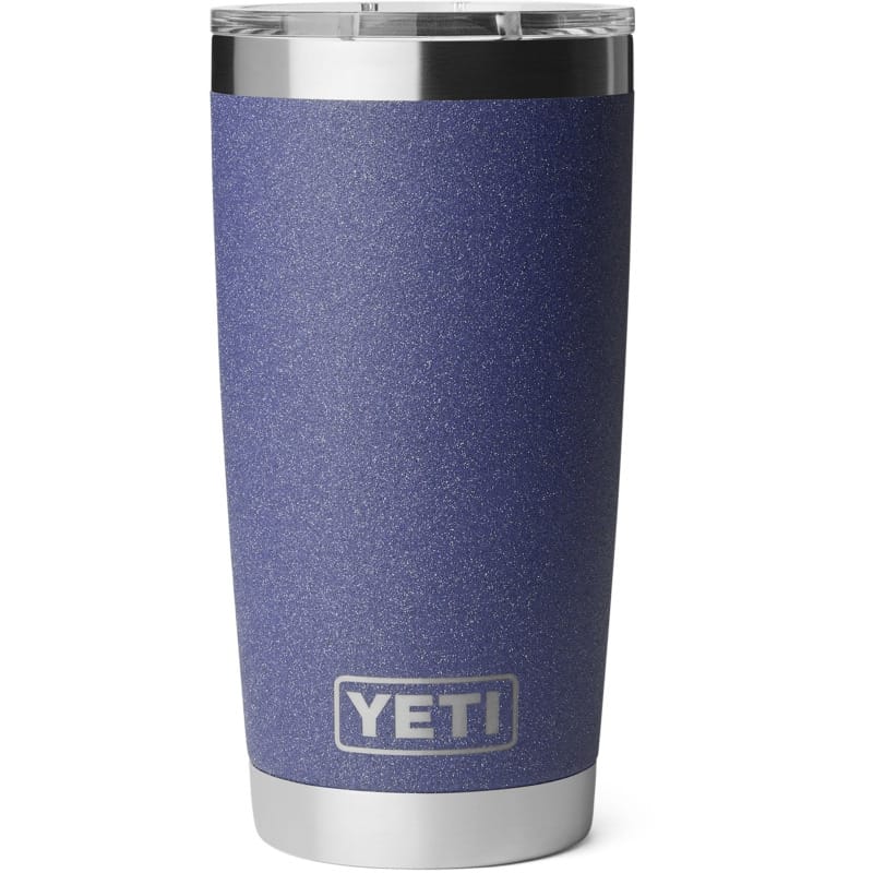 YETI Rambler stainless steel tumbler in navy blue with double-wall insulation.