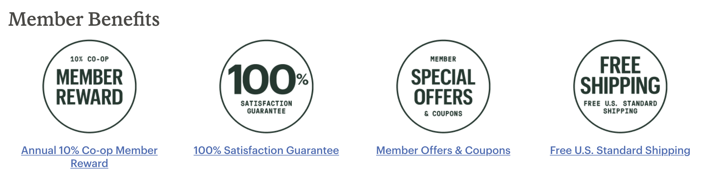 Graphic showing REI Co-op member benefits: annual 10% reward, satisfaction guarantee, coupons, and free shipping.