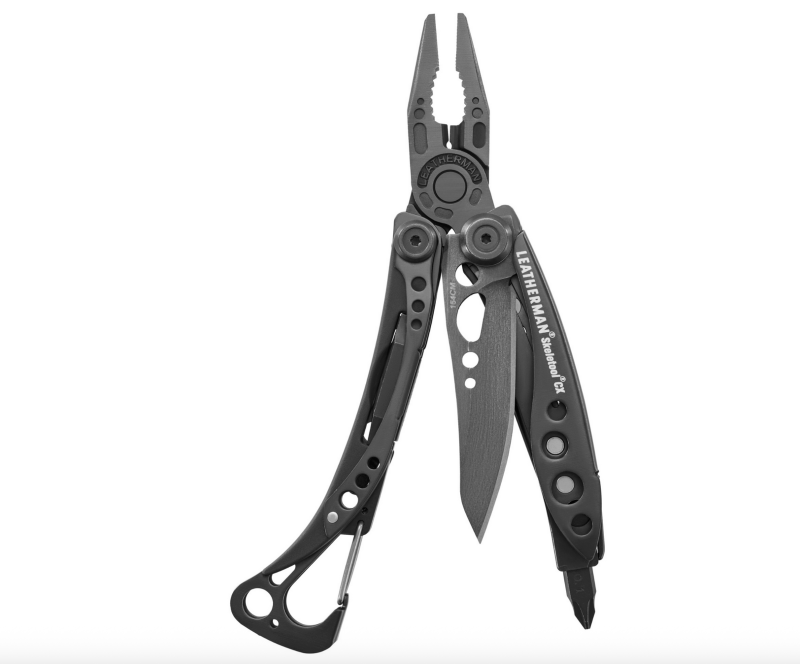 Leatherman Skeletool CX multi-tool with pliers, knife, and screwdriver attachments.