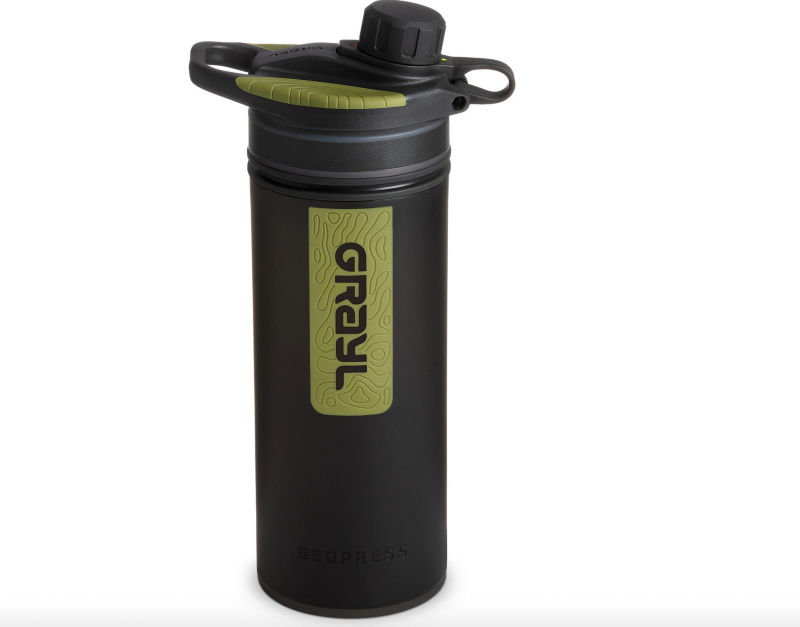 GRAYL GeoPress portable water purifier bottle in black and green for outdoor use.