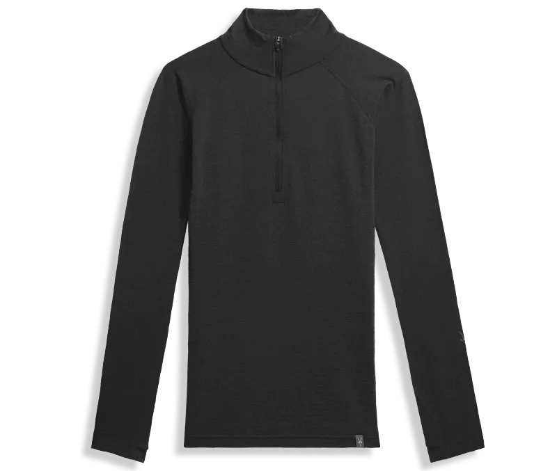 Black Ibex Woolies Pro Tech Half Zip merino base layer displayed flat on white background, showing minimalist design and quarter-zip collar.