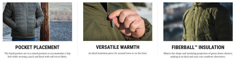 Collage showing KUIU Elements Hooded Jacket features: raised hand pockets, zippered closure, and FiberBall™ synthetic insulation details.