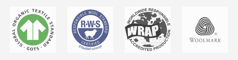 Logos for Global Organic Textile Standard (GOTS), Responsible Wool Standard (RWS), Worldwide Responsible Accredited Production (WRAP), and Woolmark certification.
