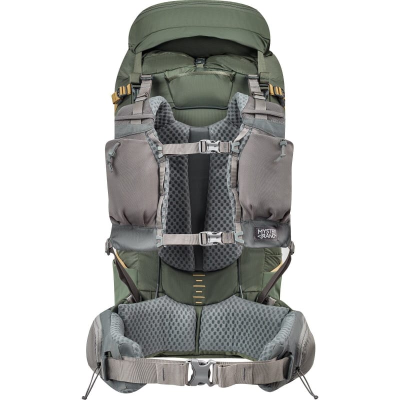 Back view of Mystery Ranch Bridger 55 backpack showing ventilated frame, torso adjustment system, and harness pockets.