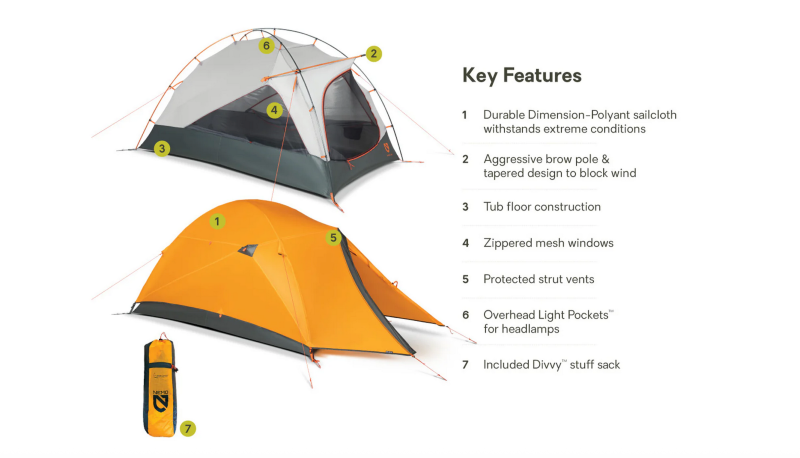 NEMO Kunai 4-Season Backpacking Tent features: durable Dimension-Polyant sailcloth, brow pole design, tub floor, mesh windows, strut vents, light pockets, and Divvy stuff sack.