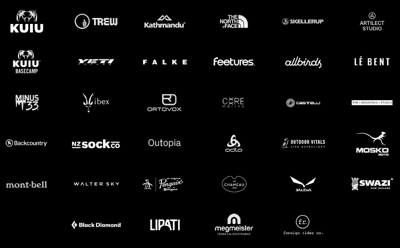 Logos of outdoor brands that partner with Nuyarn, including IBEX, KUIU, Artilect, Le Bent, and more, representing collaborations built on innovative merino wool technology.
