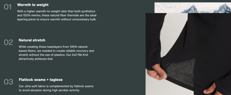 PAKA Thermals product graphic describing warmth-to-weight ratio, natural stretch from alpaca fibers, and flatlock seam comfort details.