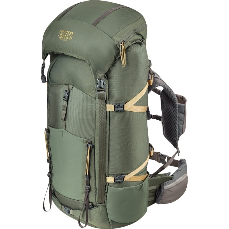 Mystery Ranch Bridger 55 backpack in green color, side view showing exterior pockets, compression straps, and top lid.