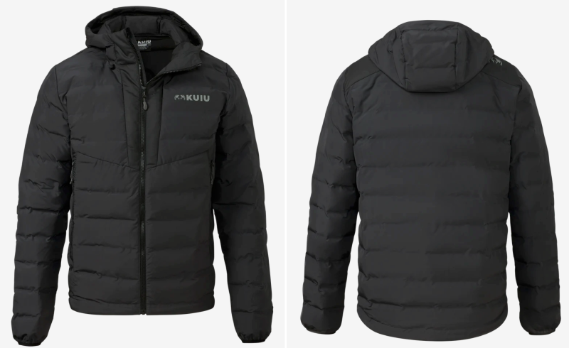 Black KUIU Elements Hooded Jacket shown from front and rear angles highlighting streamlined fit and adjustable hood.