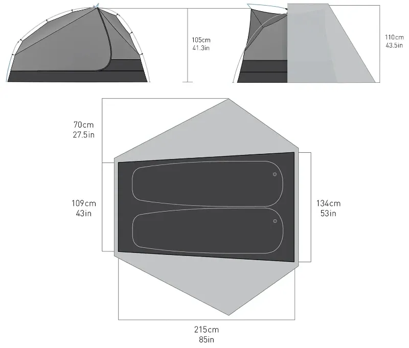 Sea to Summit Telos Freestanding Ultralight Tent diagram showing floor plan, peak height, and internal dimensions for two-person setup.