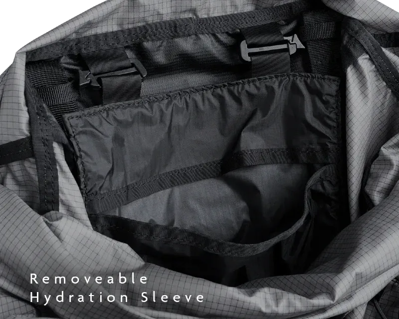 Interior view of the Outdoor Vitals Shadowlight Carbon 60 backpack showing the removable hydration sleeve and internal organization.