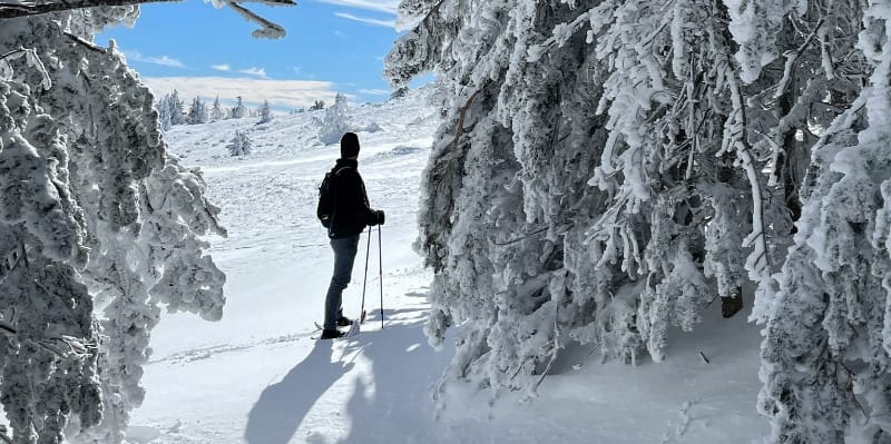 hiker in the snow budget hiking gear including sun protection, snacks, small tools, and accessories arranged neatly on him.
