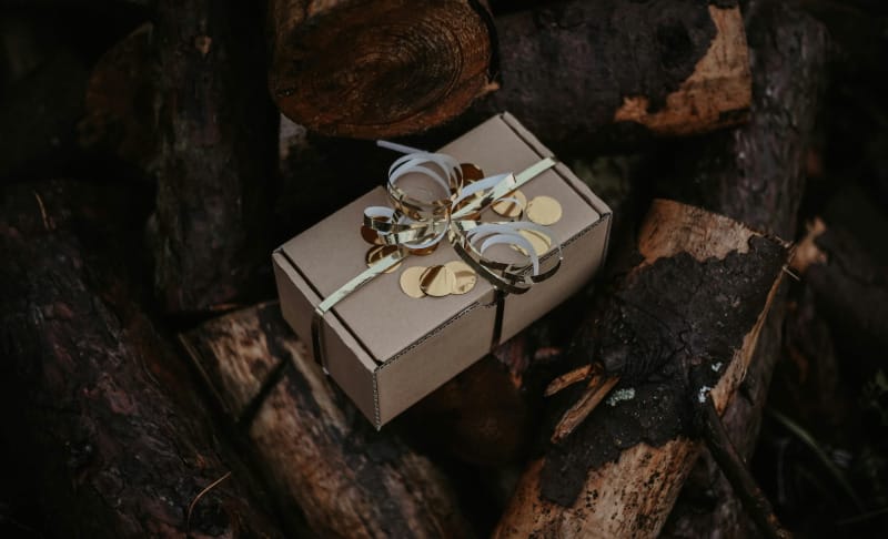 A small cardboard gift box wrapped with gold ribbon and confetti, resting on stacked firewood in an outdoor forest setting.