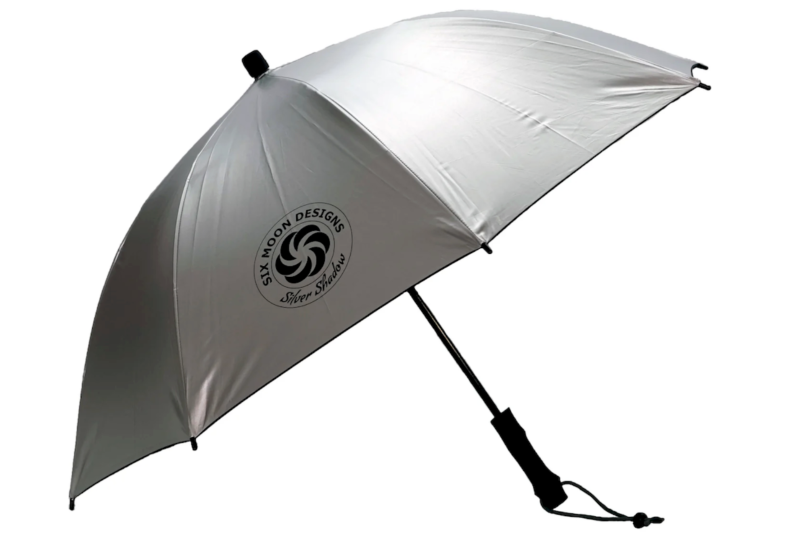 Silver Six Moon Designs Silver Shadow hiking umbrella with black handle and logo.