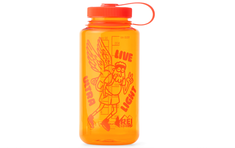 a rei designed nalgene bottle in orange says live ultra light