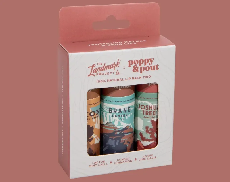Trio of lip balms in a box featuring Grand Canyon, Zion, and Joshua Tree–inspired packaging.