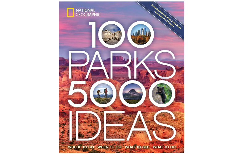 Cover of the book 100 Parks, 5000 Ideas with scenic images of national parks and large bold typography.