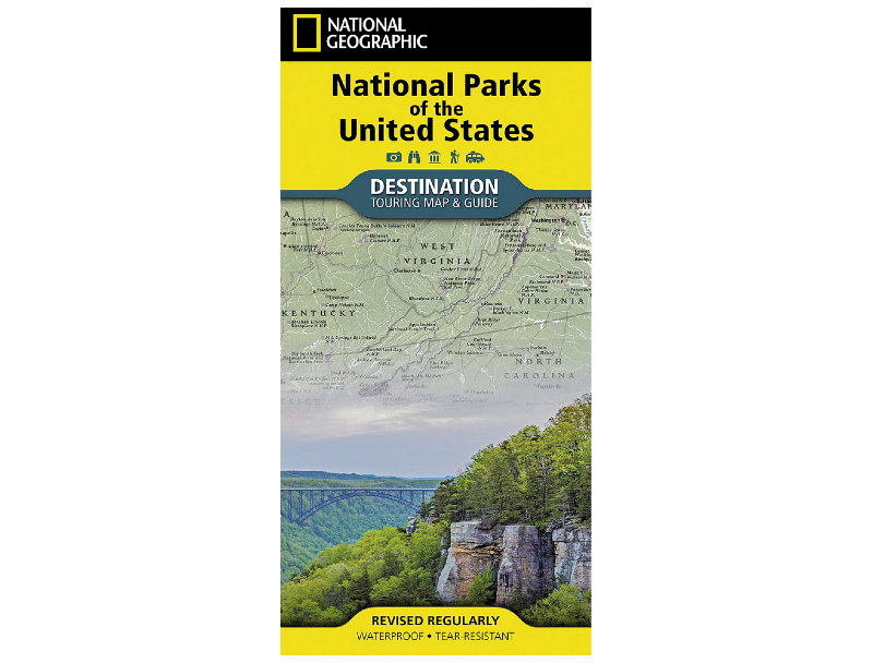 National Geographic folding map titled “National Parks of the United States,” showing a detailed regional map and scenic park photo.