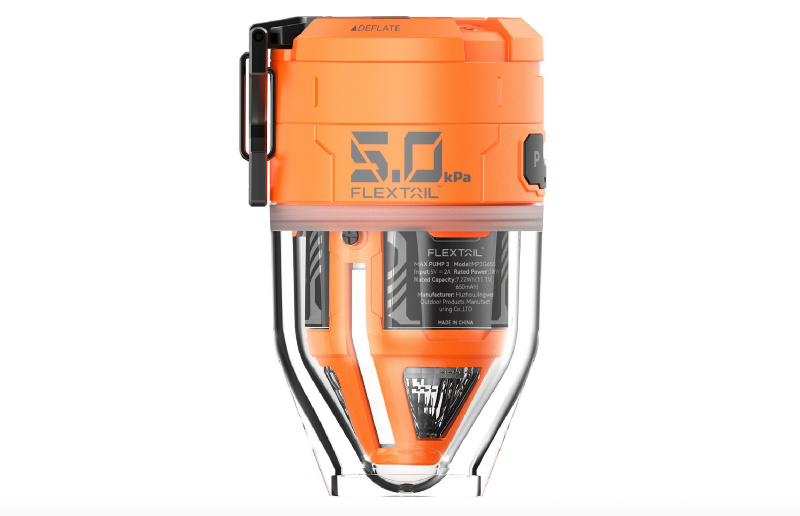 Flextail Max Pump 3 ultralight rechargeable air pump designed for inflating sleeping pads, with built-in light and power bank features.