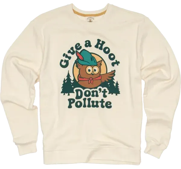 “Cream-colored sweatshirt with an illustrated Woodsy Owl and the text ‘Give a Hoot, Don’t Pollute.’”