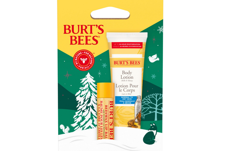 flat lay of burts bees lotion and lip balm