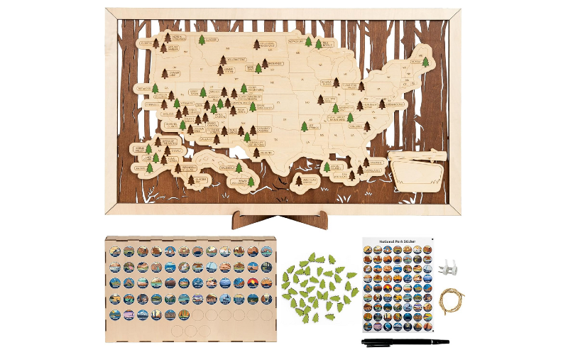Wooden national parks map with labeled park locations, removable tree markers, and sticker sheets for tracking visited parks.