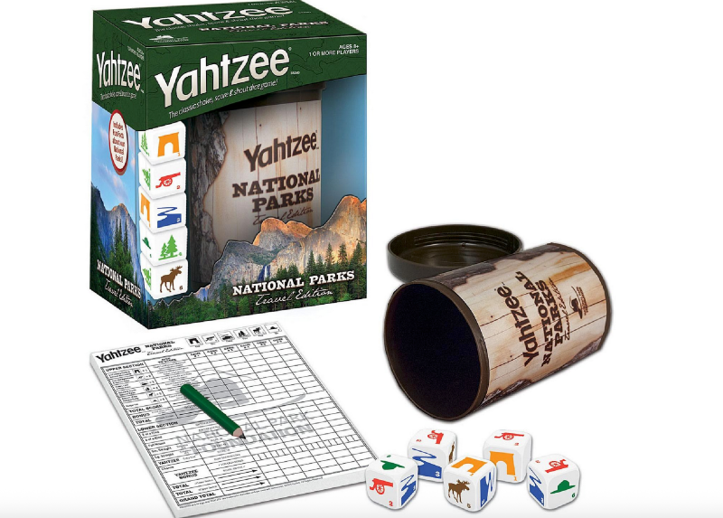 National Parks Travel Edition Yahtzee game with custom dice, travel cup, score sheets, and park-themed packaging.