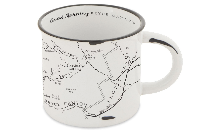 Ceramic mug printed with a detailed map of Bryce Canyon National Park and the words “Good Morning Bryce Canyon” inside the rim.