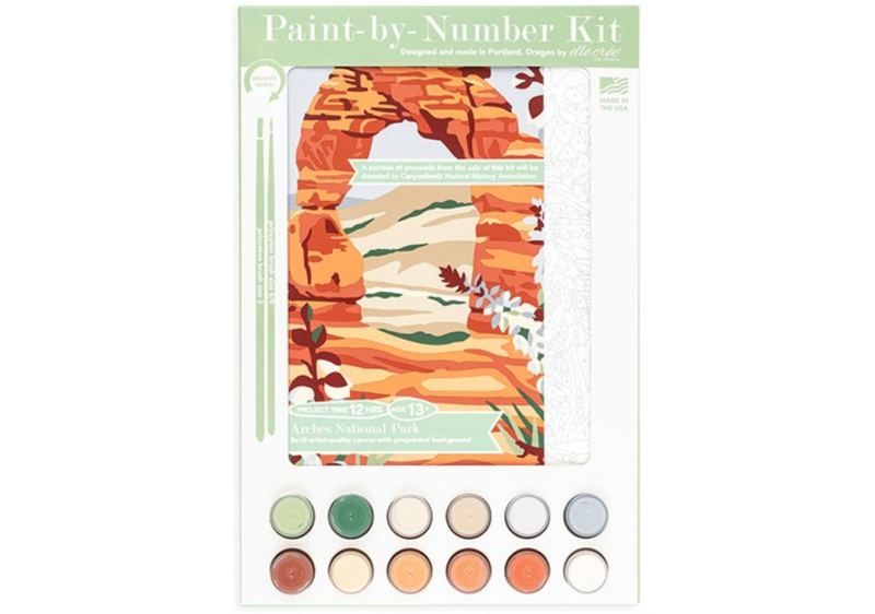 Paint-by-number kit featuring an illustrated Arches National Park scene with included paints and brushes.