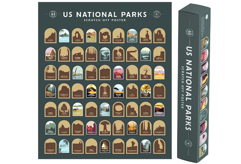 Scratch-off poster showing all 63 U.S. national parks with illustrated icons revealed beneath each scratchable panel.
