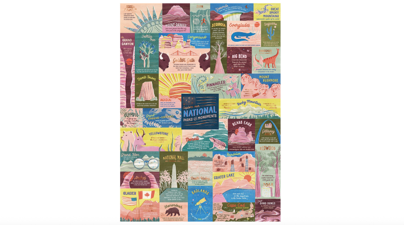 Puzzle showing a collage of illustrated U.S. national park and monument posters in bright pastel colors.