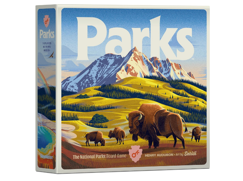 PARKS board game box with illustrated bison, mountains, and colorful landscapes.