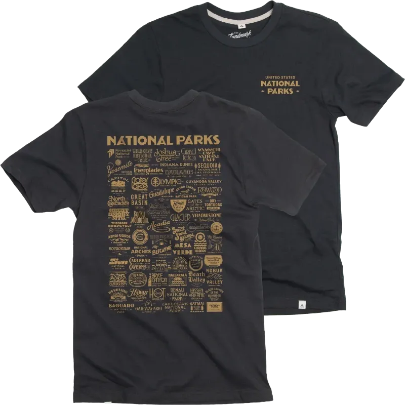 “Black National Parks T-shirt with a gold graphic listing names of multiple U.S. national parks on the back.”