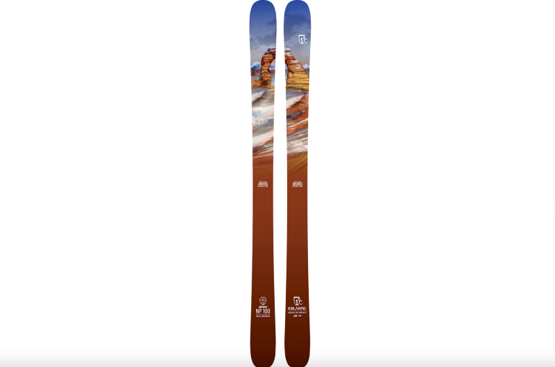 Pair of skis with colorful national park landscape artwork featuring sandstone formations and desert scenery.