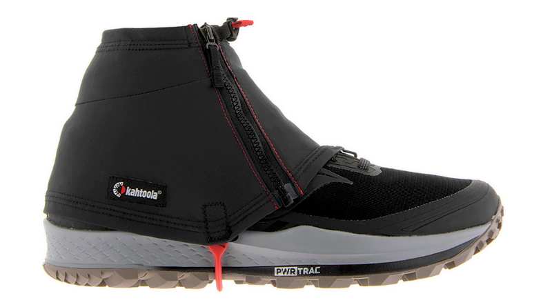 Black Kahtoola INSTAgaiter Mid gaiter covering a hiking shoe, side view showing zipper and logo.
