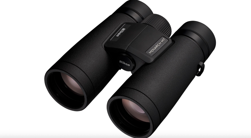 “Black Nikon Monarch M7 binoculars showing high-end build and premium wildlife-watching optics.”