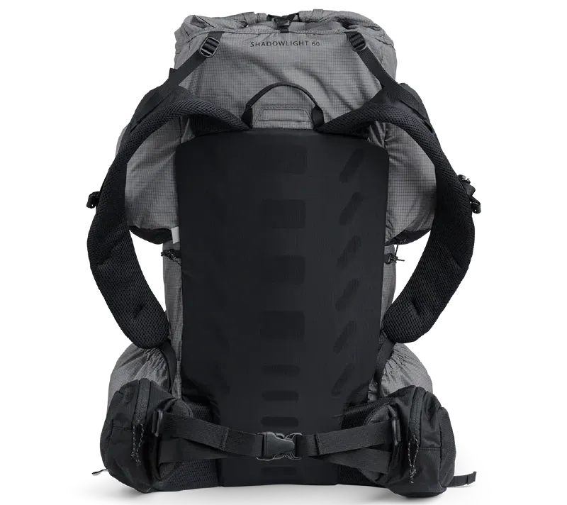 Rear view of the Outdoor Vitals Shadowlight Carbon 60 backpack showing the carbon frame, padded shoulder straps, and ventilated back panel.