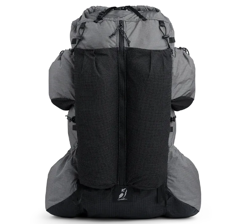 Front view of the Outdoor Vitals Shadowlight Carbon 60 backpack with large stretch mesh pockets and minimalist ultralight design.