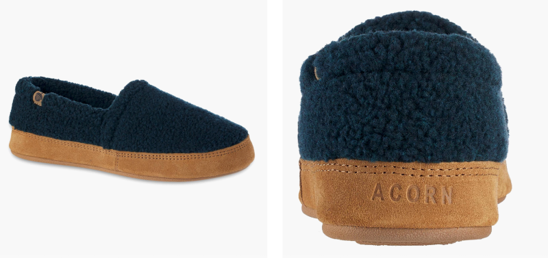 acorn moc slippers in navy stock photo of side and back with logo