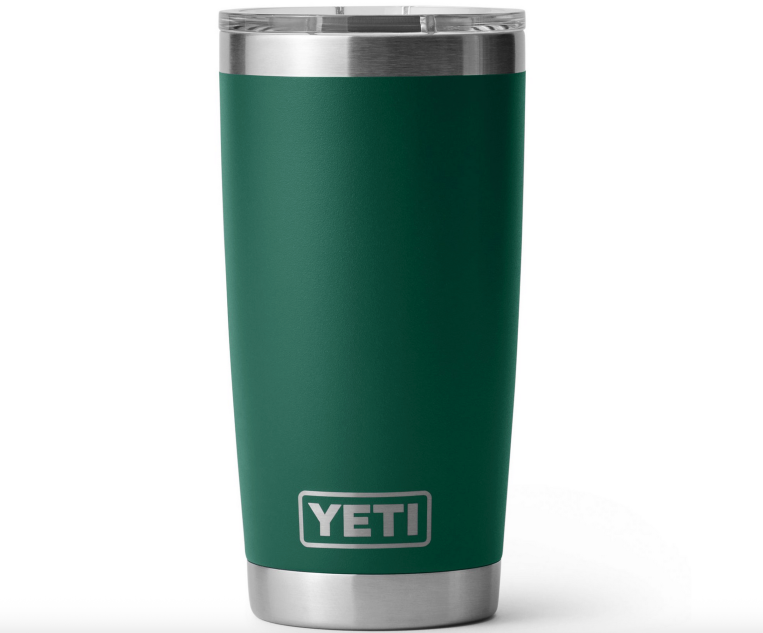YETI Rambler insulated stainless steel tumbler with a lid, designed to keep drinks hot or cold during outdoor adventures.