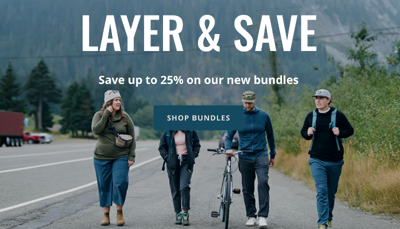 Four hikers in Woolly Clothing walking outdoors under a banner promoting bundle savings and layering.