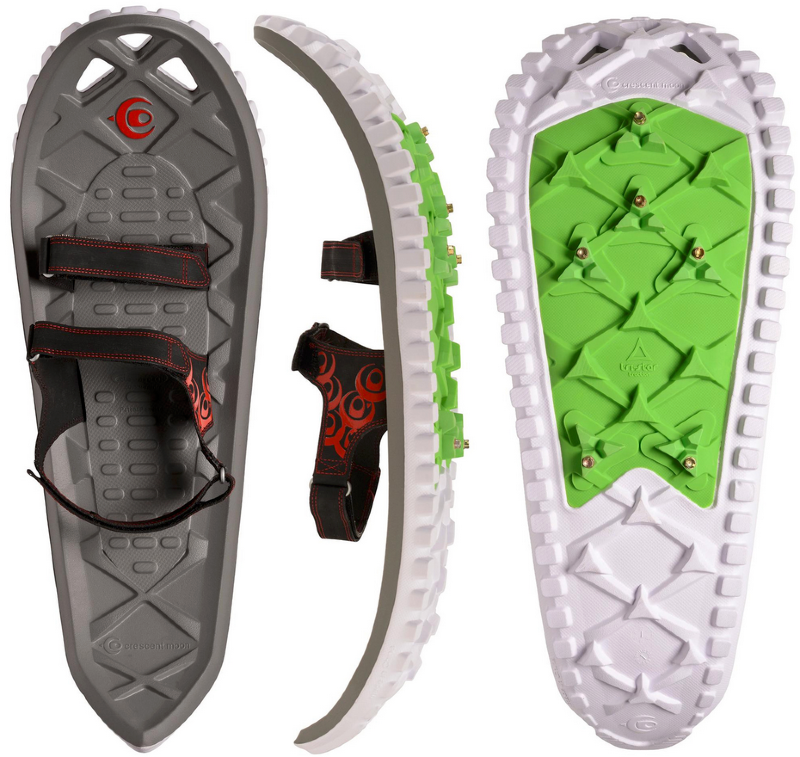Crescent Moon EVA Foam Snowshoes shown from multiple angles, featuring lightweight EVA foam construction, textured traction, and simple strap bindings for winter hiking.