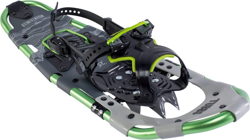 Tubbs Mountaineer Snowshoe featuring an aluminum frame, aggressive toe crampon, heel lift, and secure strap binding system designed for steep and technical winter hiking.