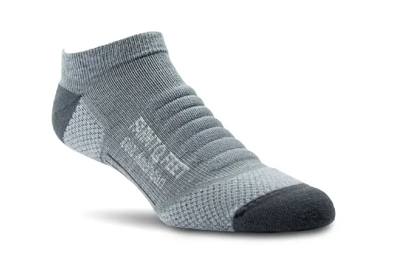 Farm to Feet American Trail Damascus Low Cut hiking socks made with merino wool, featuring a low-cut design, breathable knit panels, and cushioned heel and toe.