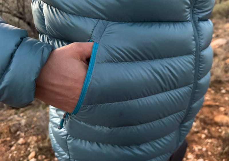 Hand pocket detail on the Himali Accelerator Down Jacket highlighting streamlined design and lightweight down insulation