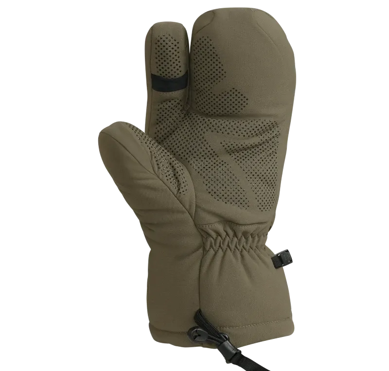 KUIU Super Down Pro Glomitt product image showing three-compartment mitten design, insulation, and reinforced palm.