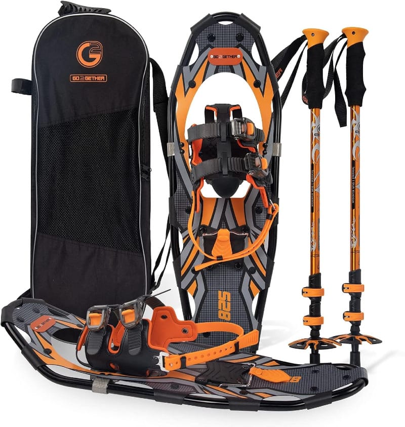 Go2Gether Lightweight Snowshoe kit with aluminum snowshoes, adjustable trekking poles, and carry bag designed for budget-friendly winter hiking.